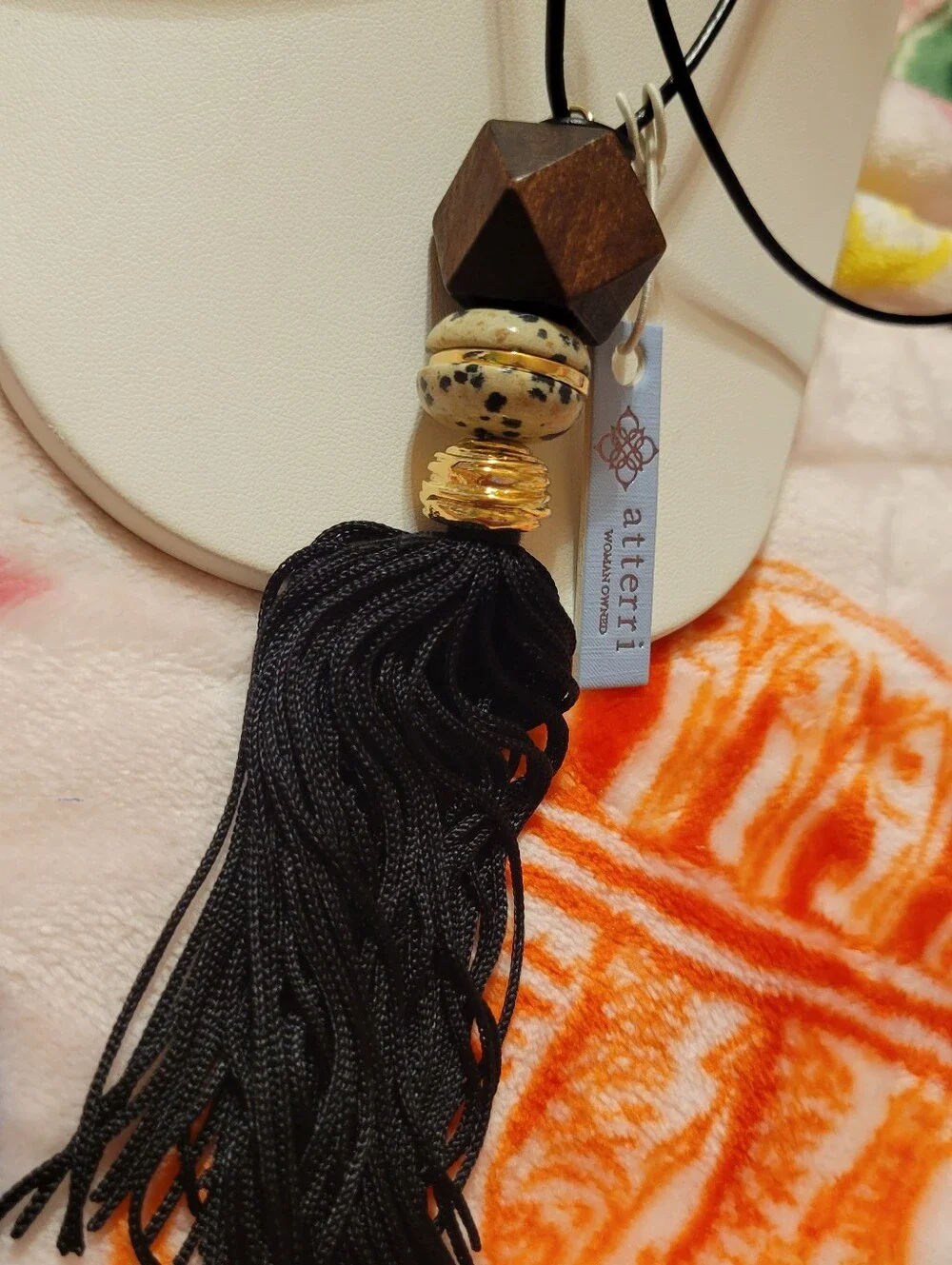 Attwrri Black Leather Cord Necklace with Semi Precious Stones